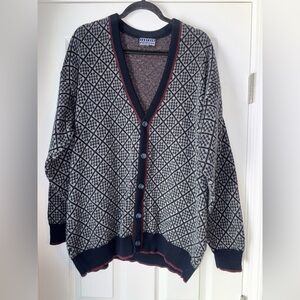 Vintage 80s Jantzen BlueGray Geometric Grandpa ButtonUp Cardigan Sweater Men XL